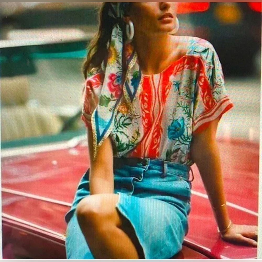 Maeve by Anthropologie Romina Scarf Print Top Boho Floral  Small EUC